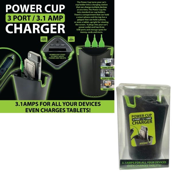 Driven Gear - #24267 - 3.1AMP Power Charger Cup - Cord Included - 3USB Ports - Acrylic Retail Packaging - 6 For $30.00