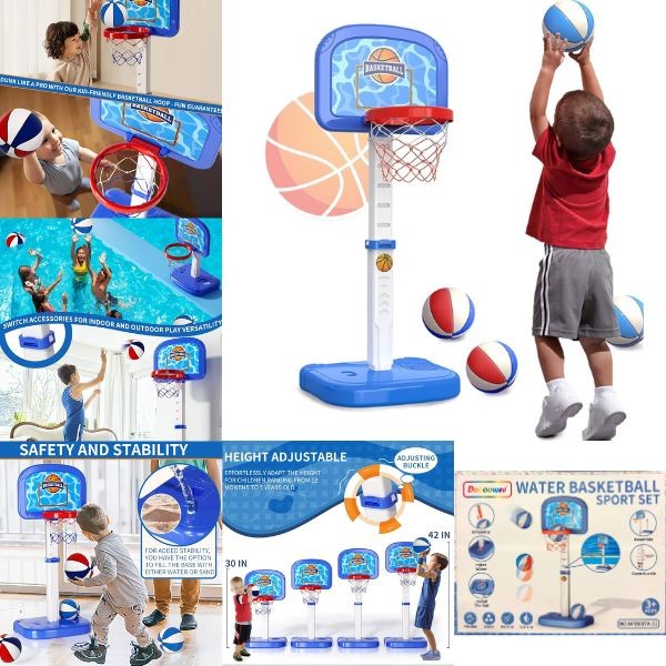 The Water Basketball Sport Set - #HFD007A-31 - Water Fill Base Adjustable Pool Hoop - Balls, Net, Pump Also Included - 3 Sets For $45.00