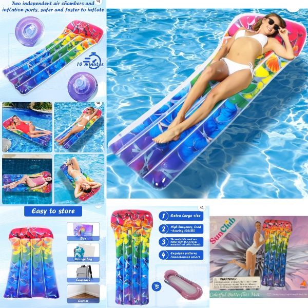 Sun Club - The Colorful Butterfly Mat - 68.5" x 29.5" - Inflatable Pool Float - 6 For $30.00