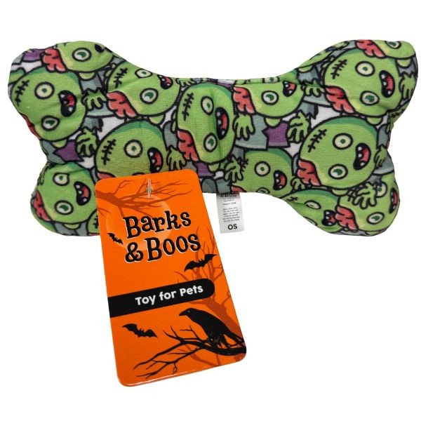 Barks & Boos Pet Toy - 8" Plush Squeaker - The Scary Zombie Bone - #54905 - 12 For $24.00