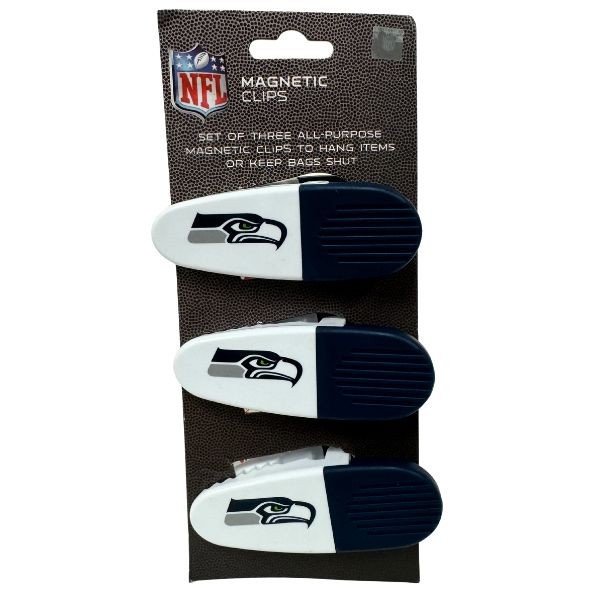 Seattle Seahawks Gear - Set Of Three Magnetic Fridge/Chip Clips - Heavy Magnet & Spring - 12 For $30.00 - Wholesale Seattle Seahawks Product - Seahawks Merchandise