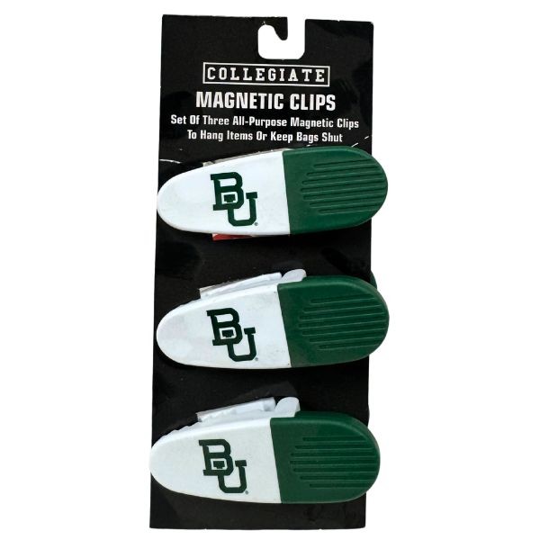 Baylor Bears Gear - Set Of Three Magnetic Fridge/Chip Clips - Heavy Magnet & Spring - 12 Sets For $24.00 - Baylor Bears