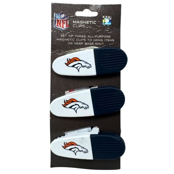 Denver Broncos Gear - Set Of Three Magnetic Fridge/Chip Clips - Heavy Magnet & Spring - 12 Sets For $24.00 - Wholesale Denver Broncos Products - Denver Merchandise 2