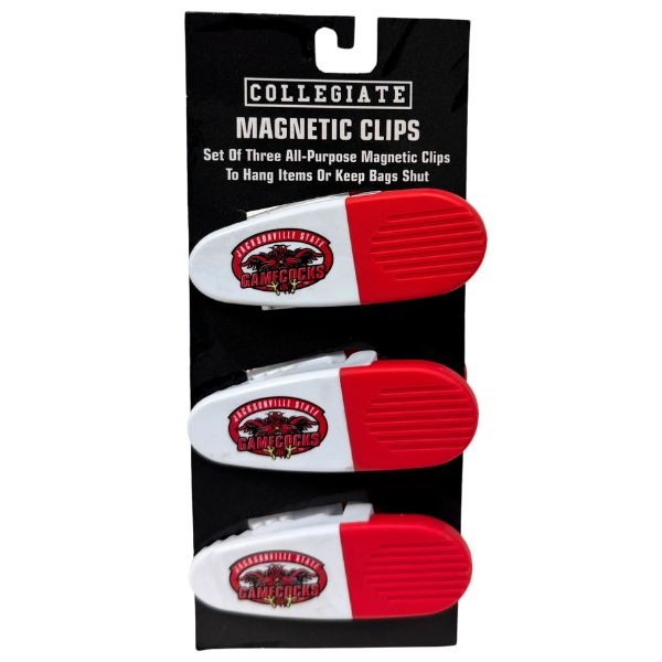 Jacksonville State Gamecocks Gear - Set Of Three Magnetic Fridge/Chip Clips - Heavy Magnet & Spring - 12 Sets For $24.00 - South Carolina Gamecocks