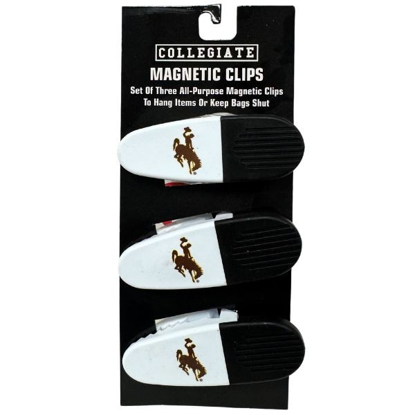 Wyoming Cowboys - Set Of Three Magnetic Fridge/Chip Clips - Heavy Magnet & Spring - 12 Sets For $24.00 - Wyoming Cowboys