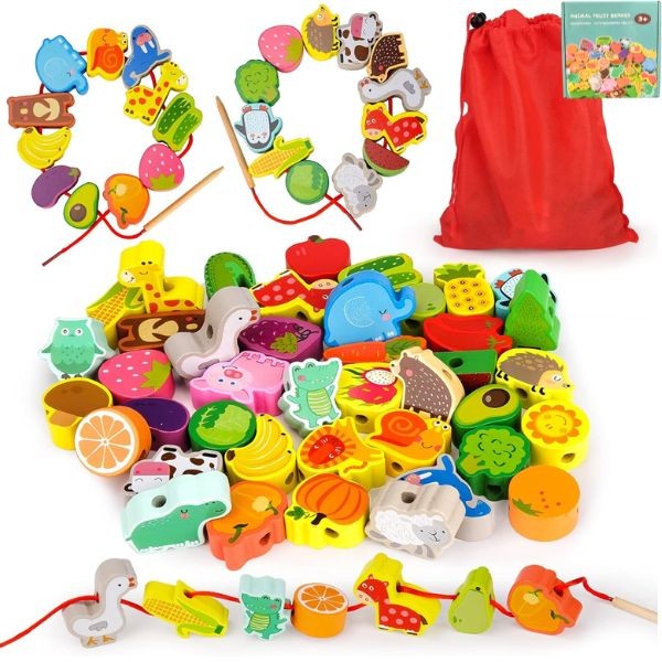 The Animal/Fruit Bead Kit - Premium Wooden STEM Toys - 42PC Wooden Shape Bead Kit With Carrying Case - 6 Kits For $36.00