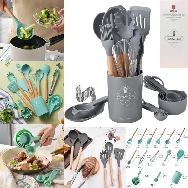 Brodark Kitchen - Colors Vary - 25PC Huge Set - B2 - Food Grade Silicone Utensil Set - Bamboo Handles - Storage Tub Included - 3 Sets For $25.00 - Wholesale Mystery Merchandise - Wholesale John Deere - Wholesale Licensed Products