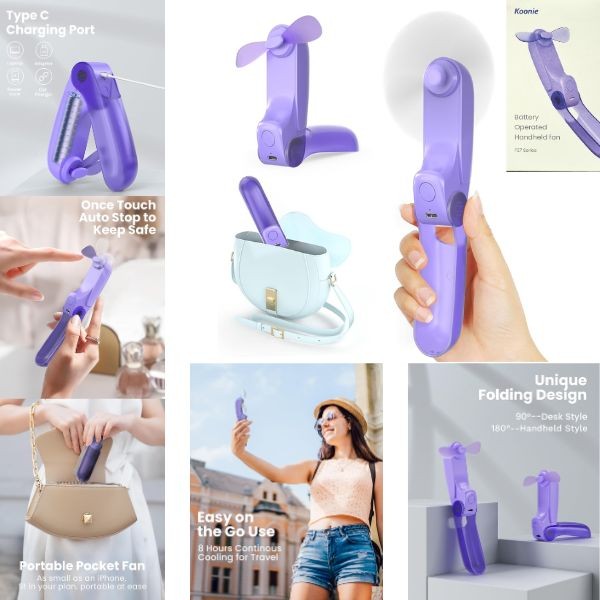 The Koonie - Purple - High Powered Multi-Position Handheld Fan - USB Charging - 12 For $36.00