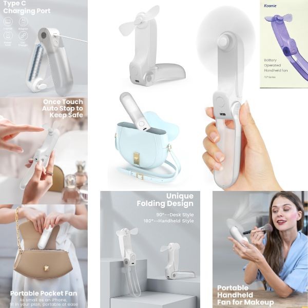 The Koonie - WHITE - High Powered Multi-Position Handheld Fan - USB Charging - 12 For $36.00