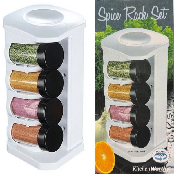 Kitchen Worthy Home - The Spice Rack Set - Rotating - Included 8 Spice Bottles With Fresh-Seal Lids - 4 Sets For $30.00
