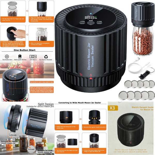 The X3 - Mason Jar Electric Vacuum Sealer - USB Charging - Lids & Accessories Included - 4 For $30.00