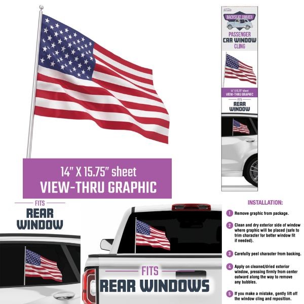 USA Flag - Backseat Driver - Passenger Car Window Cling - Fits Most Rear Windows - 14"x15.75" - 12 For $30.00