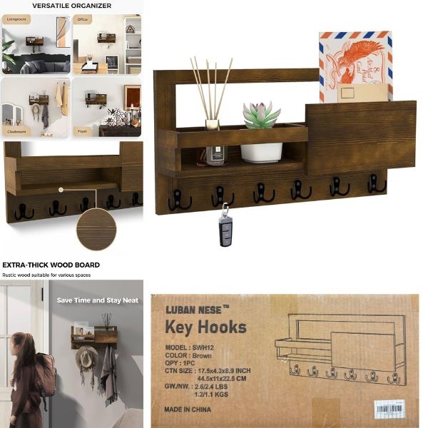 LubanNese Decor - #SWH12-BROWN - 16"x9"x4" Modern Look Accessory Wall Holder - Wood Construction - 3 For $30.00