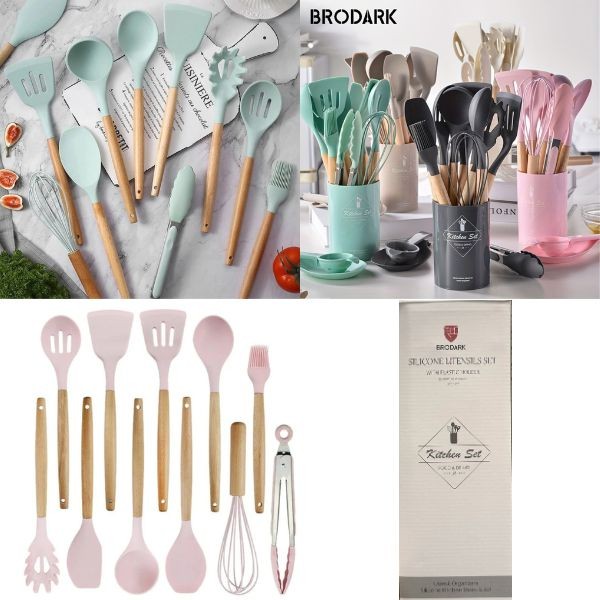 Brodark B3 Kitchen - #KS-ME-12PC-1128 - WHITE - 12PC High Heat Food Grade Silicone Utensil Set - Countertop Holder - 4 Sets For $34.00