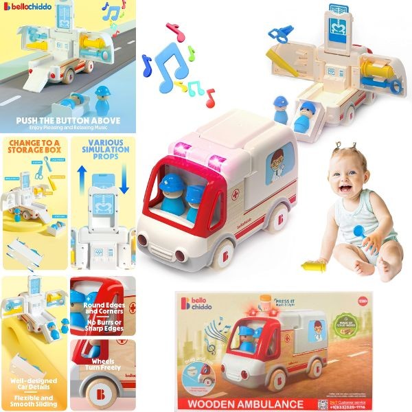 Bello Chiddo STEM Wooden Toys - Ambulance - LED Lights and Music - Premium STEM Toys - 3 For $30.00