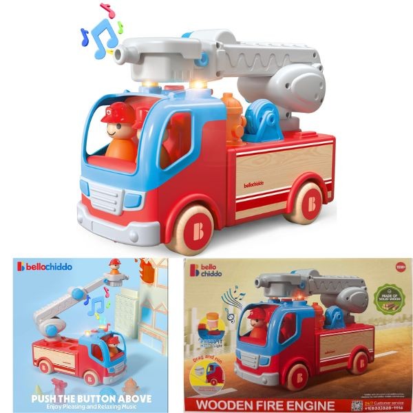 Bello Chiddo STEM Wooden Toys - Fire Engine - LED Lights and Music - Premium STEM Toys - 3 For $30.00