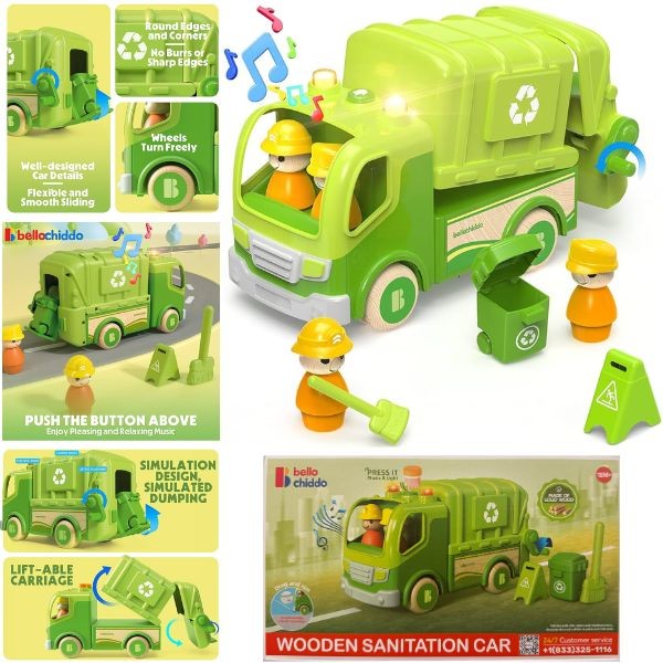 Bello Chiddo STEM Wooden Toys - Sanitation Truck - LED Lights and Music - Premium STEM Toys - 3 For $30.00