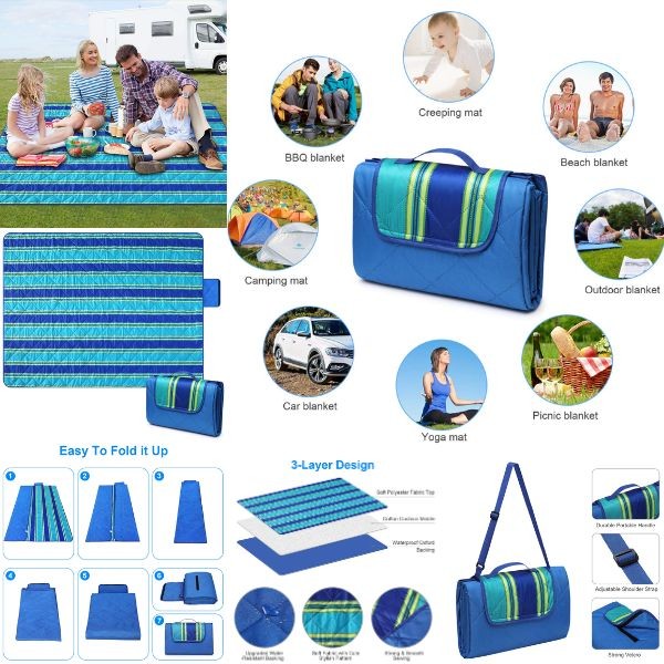 Bertte Outdoor - #BlueStripes - Oversized 79"x59" Picnic Blanket - Quilted Top With Waterproof Nylon Bottom - 3 For $30.00