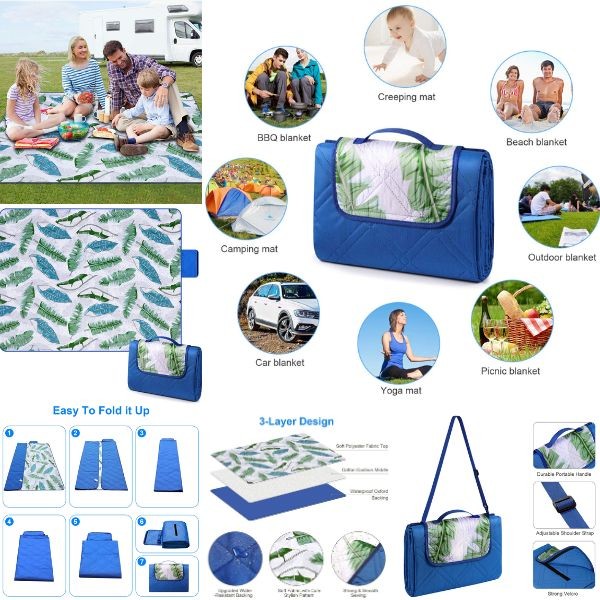 Bertte Outdoor - #PalmLeaf - Oversized 79"x59" Picnic Blanket - Quilted Top With Waterproof Nylon Bottom - 3 For $30.00