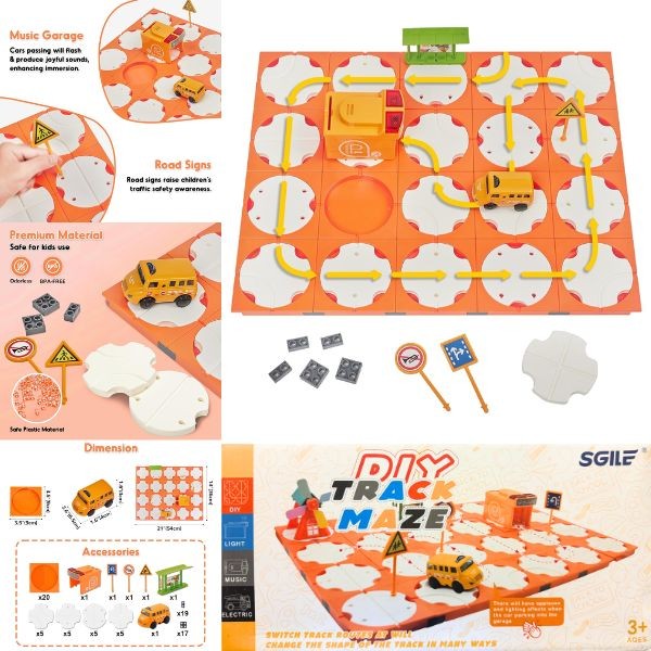 Sgile STEM Toys - #ORANGE.BUS- DIY Track Maze - Electronic, Lights, Sounds - Switch the Direction - 3 For $25.00