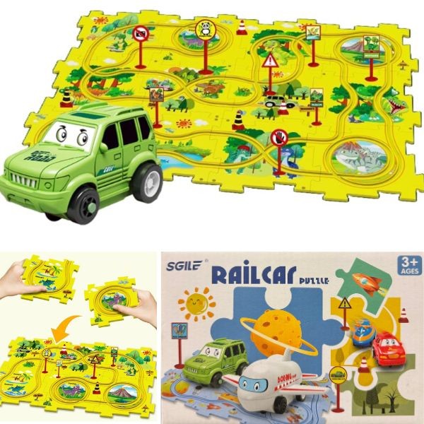 Railcar Puzzle Toys - #Dino.Yellow - 25PC Stem Building Kit - Build Your Track And Ride Your Car - 6 Kits For $36.00