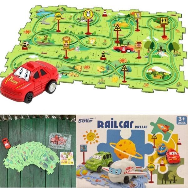 Railcar Puzzle Toys - #Land.Green - 25PC Stem Building Kit - Build Your Track And Ride Your Car - 6 Kits For $36.00