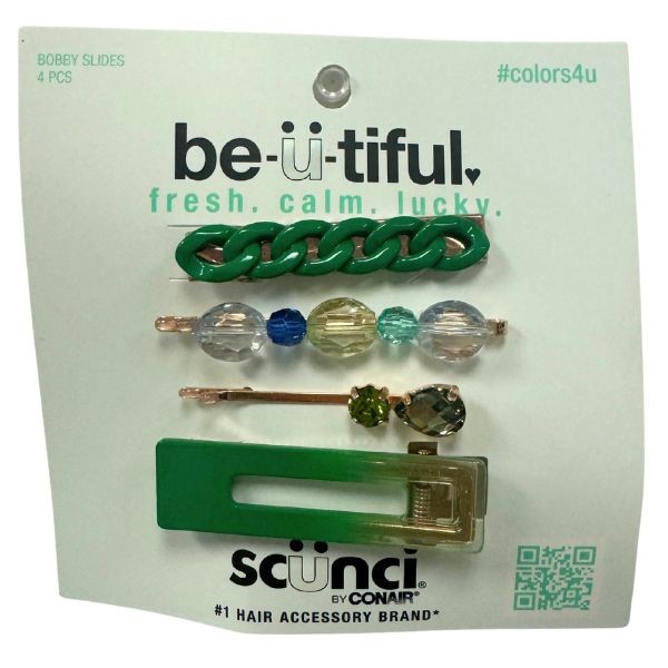 Scunci By Conair - #10486 - Colors 4U - 4Pack Bobby Slide Set - Touch Of Green Collection - 24 Packs For $36.00