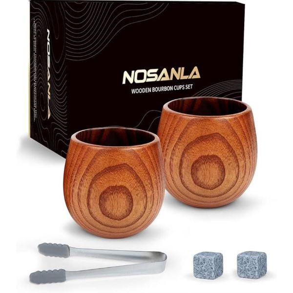 Nosanla Bar Products - 2Pack Wooden Bourbon Cups - Stone Freezer Cubes Included - 4 Sets For $32.00