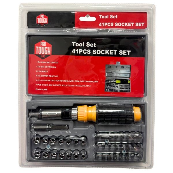 Pro Tough Tools - #80185 - 41PC Socket Set With Ratchet Driver - Peggable - 8 Sets For $40.00