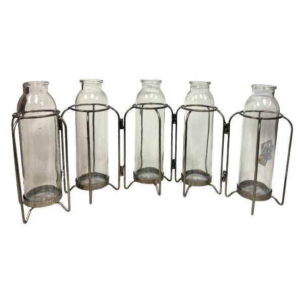 Metal Hinged Fashion Vase Set - #59212 - 11.75"x6.25"x6.5H" - 5 Glass Bottle Antique Metal Finish - 6 Sets For $36.00