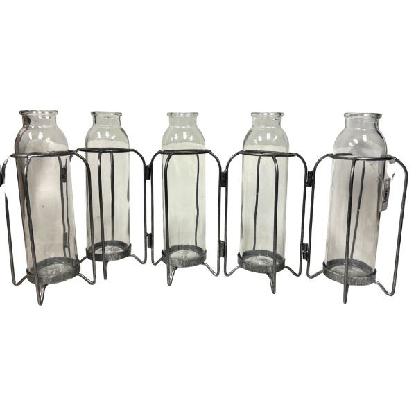 Metal Hinged Fashion Vase Set - #59213 - 5 Glass Bottles Antique Gray Finish - 21"x4.24"x8.25" - 6 Sets For $36.00