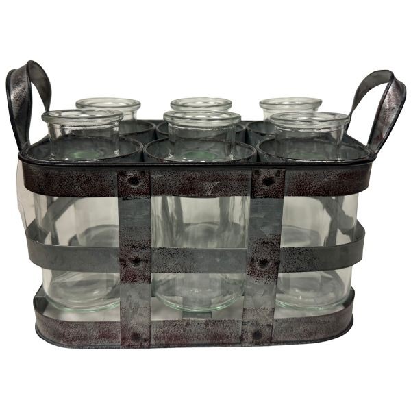 Metal Vase Holder With 6 Bottle Set - #51312 - 11.75"x6.25"x6.5H" - Side-x-Side -Metal Tarnished Finish - 4 Sets For $30.00