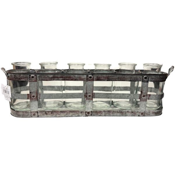 Metal Vase Holder With Side Handles - #51315 - Straight 6 Glass Bottles Included - Metal Tarnished Finish - 4 Sets For $30.00