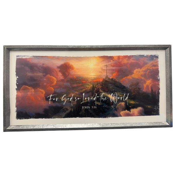 For God Loved The World - #55038 - 12"x24" - Galvanized Framed Artwork - 6 For $30.00
