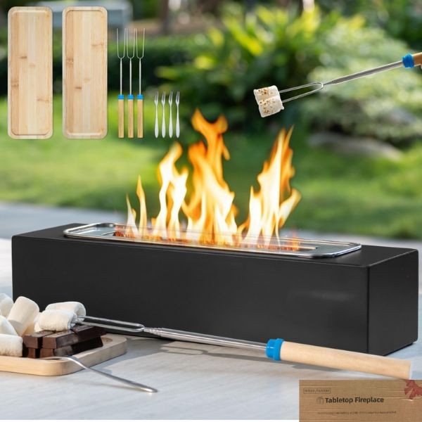 Red Bow Series - #BLACK - 14"x4"x5" - Table Top Fire Pit Smores Kit- Bamboo Tray and Extendable Skewers Included - 2 Kits For $25.00