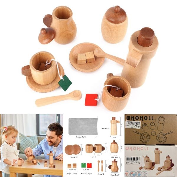 The Wooden Tea Set - #Whoholl - Packaging May Vary - Premium Wood STEM Learning Play Set - 4 Sets For $30.00