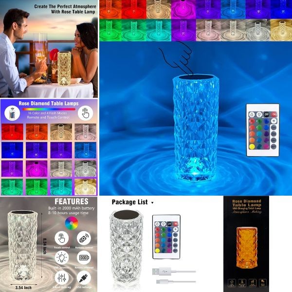 Rose Diamond Table Lamp - USB Charging - LED Color Changing - 3Level Brightness - 6 For $36.00