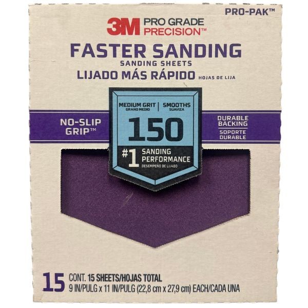 3M Pro Grade Sanding - #85349 - 15Count 9"x11" Sheet Pack - 150 Medium Grit - No Slip Durable Backing - 6 Packs For $36.00