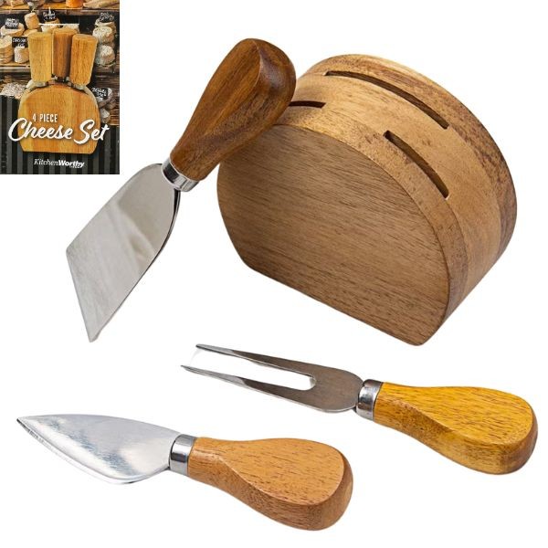Kitchen Worthy 4PC Cheese Set - #150-4PCS - Includes Rubber Wood Holder and 3PC Cheese Tool Set - 6 Sets For For $30.00
