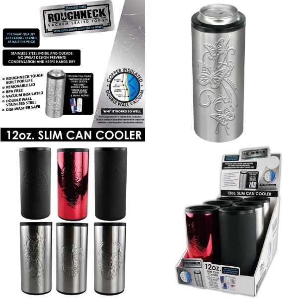 Roughneck 12OZ SLIM Can Coolers - #22270 - Colors & Styles Vary - Double Walled Stainless Steel - 12 For $42.00