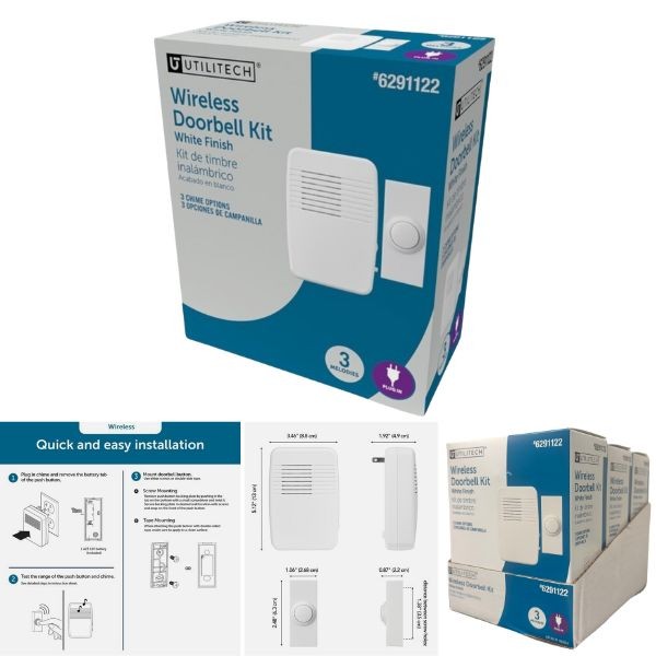Utilitech Wireless Doorbell Kit - #6291122 - 100 Foot Range - Plug and Play Operation - 3Melody Selection - 6 For $36.00
