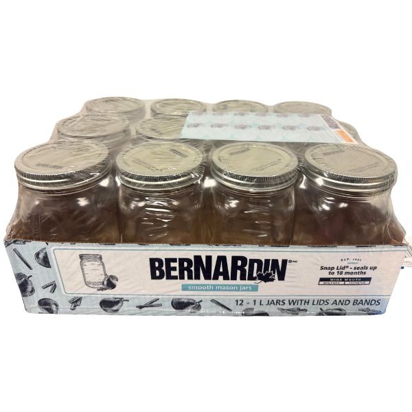 Bernardin Smooth Mason Jars - Large 34OZ Snap Lid Seal Wide Mouth - Lids & Bands & Jars - 24 Jars For $24.00