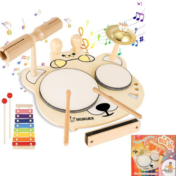 Bear Kids 9n1 Drum Set - STEM Wooden Toys - Free Standing Table Top or Floor - 3 Sets For $30.00