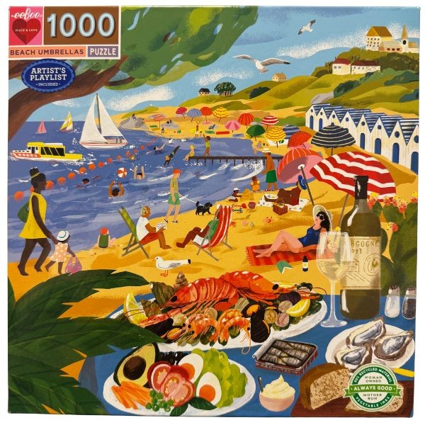 Eeboo - The 1000PC Beach Umbrellas Puzzle - #51106 - 90% Recycled Materials - Finished Puzzle Measures 23"x23" - 6 For $30.00