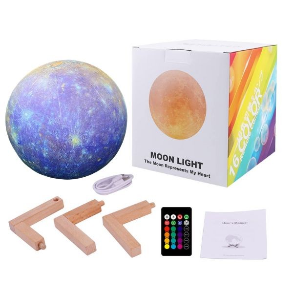 Moon Lamp - #BestWish.JDR - 7" World Moon - Remote Control, Wood Base - Packaging Has Slight Damaging - 4 For $30.00