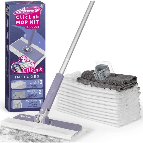 CiAmore ClickLak Mop Kit - Compatible To The Majors - Expandable - 90Degree Cleaning - Mop, Pads, Cloths and Holder Included - 4 Kits For $30.00