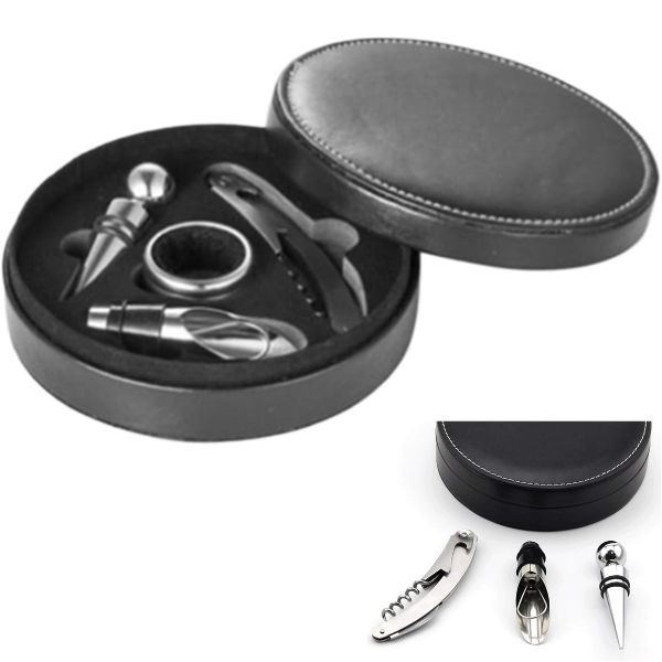 The Rounder - Faux Leather 4PC Set Wine Accessory Kit - Plain Packaging - 6 Sets For $30.00