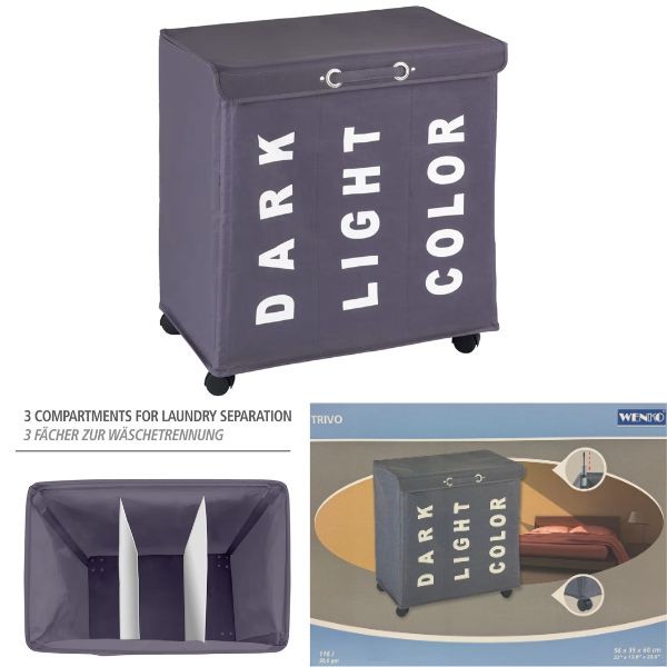 Wenko Trivo 3Section Hampers - #DarkGray - Rolling Hamper - 22"x13.8"x23.6" - 2 For $25.00