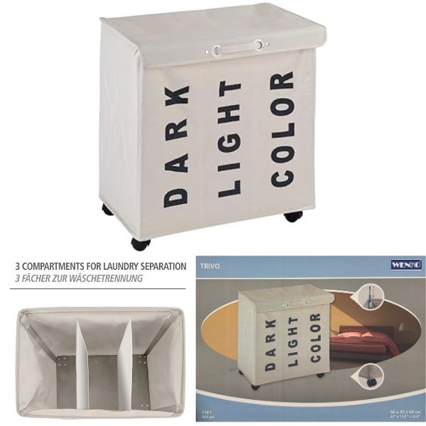 Wenko Trivo 3Section Hampers - #Off.White - Rolling Hamper - 22"x13.8"x23.6" - 2 For $25.00