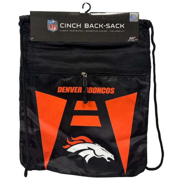 Denver Broncos BackSacks - TEAM TECH STYLE - 20"x15" Heavy Nylon Construction - Zippered Front Pocket - 6 For $30.00 - Wholesale Denver Broncos Products - Denver Merchandise